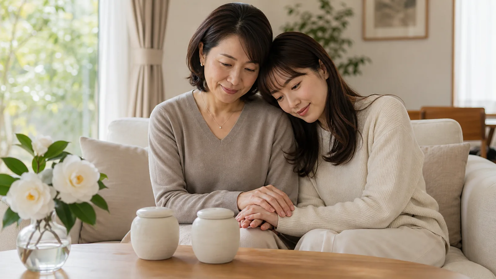 リビングのソファで白磁の小骨壷2つを前に椿を脇に置き寄り添う50代母と20代娘（海洋散骨と分骨・部分散骨のアイキャッチ）