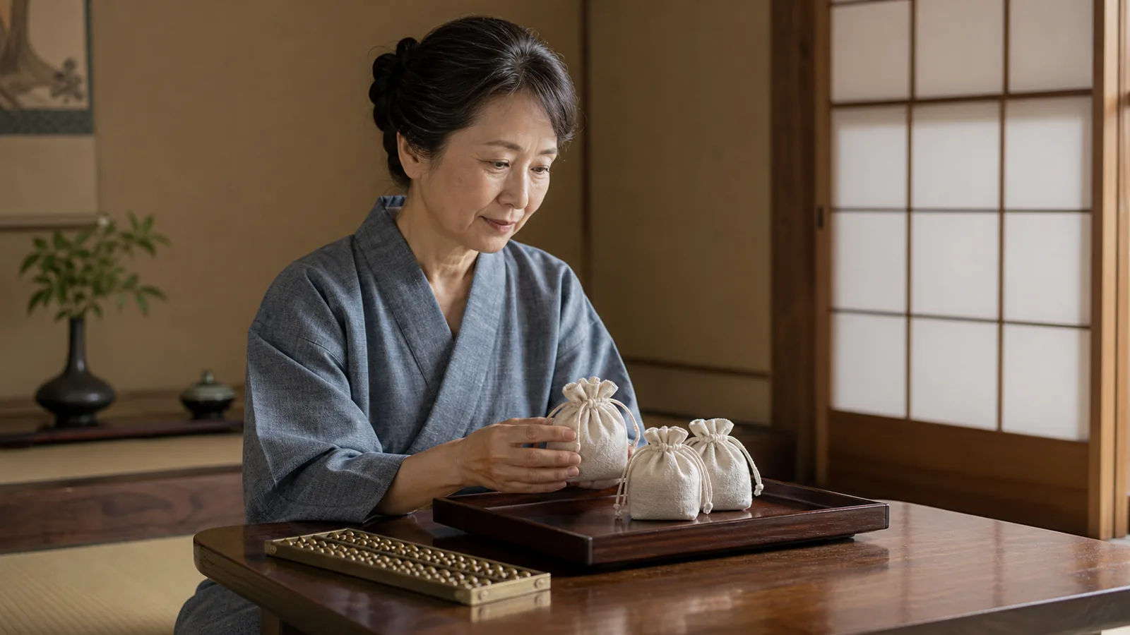 和室の座卓で巾着3つと算盤を扱う60代和装女性（海洋散骨の費用プラン3種のアイキャッチ）
