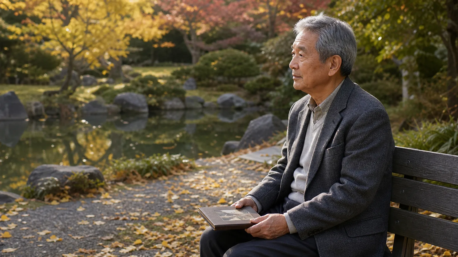 秋紅葉の寺院庭園のベンチで家族写真アルバムを膝に置く70代男性（海洋散骨のデメリット・お参り場所がないという問題のアイキャッチ）