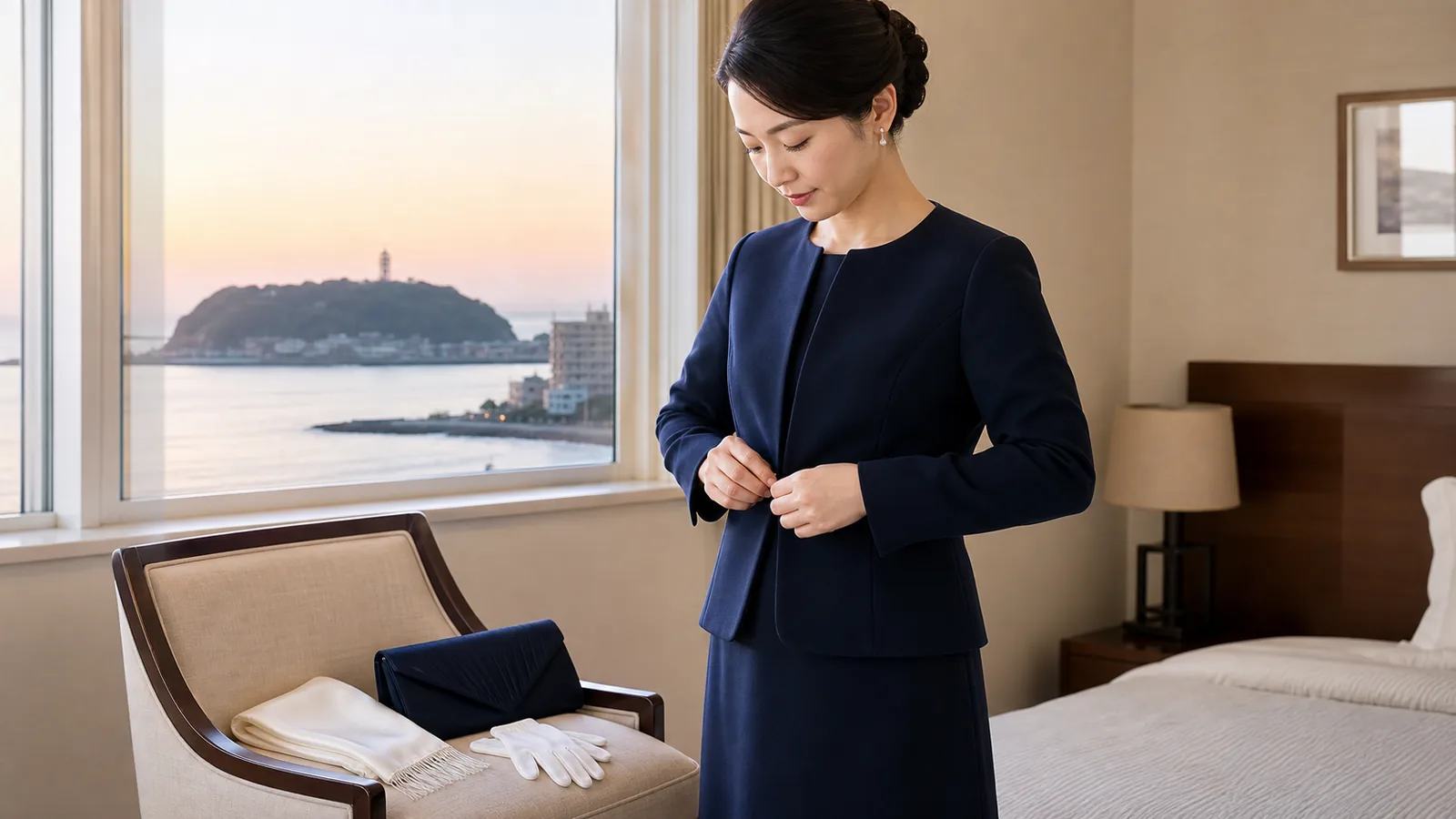 江ノ島を望む窓辺の寝室でネイビーフォーマルジャケットを整える30代女性（海洋散骨の服装・持ち物のアイキャッチ）