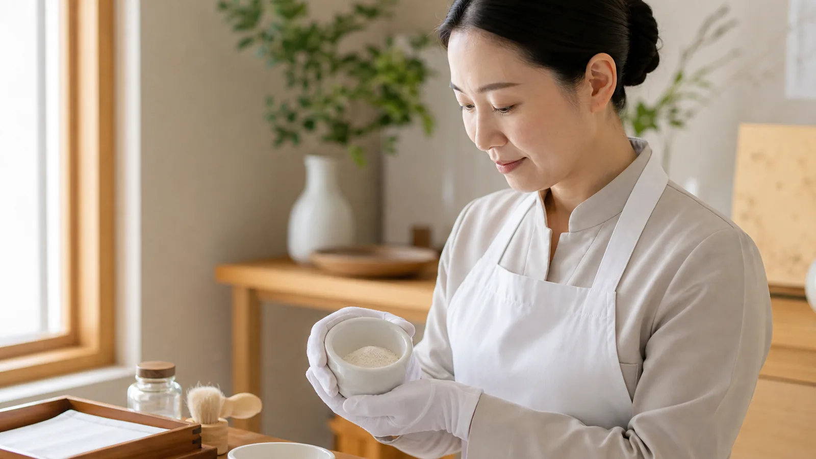 清潔な作業室で白いエプロンと白手袋を着け陶器ボウルを捧げ持つ30代女性スタッフ（海洋散骨のための粉骨のアイキャッチ）