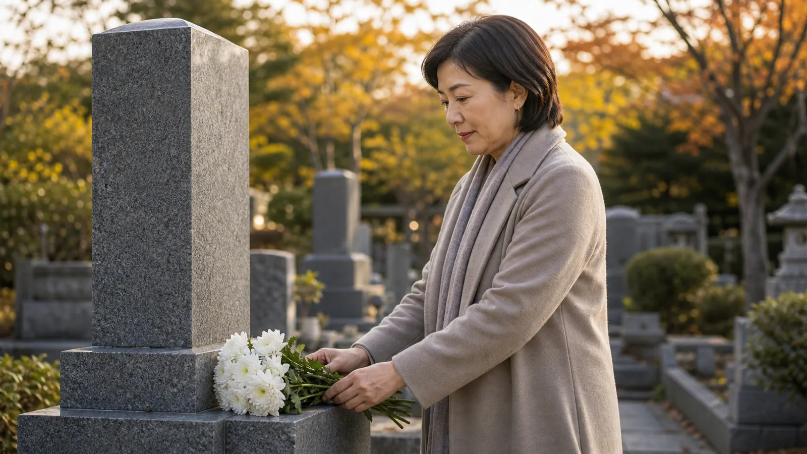 秋紅葉の温かい光の中、墓地で白菊を石に供える50代女性（墓じまいから海洋散骨へのアイキャッチ）
