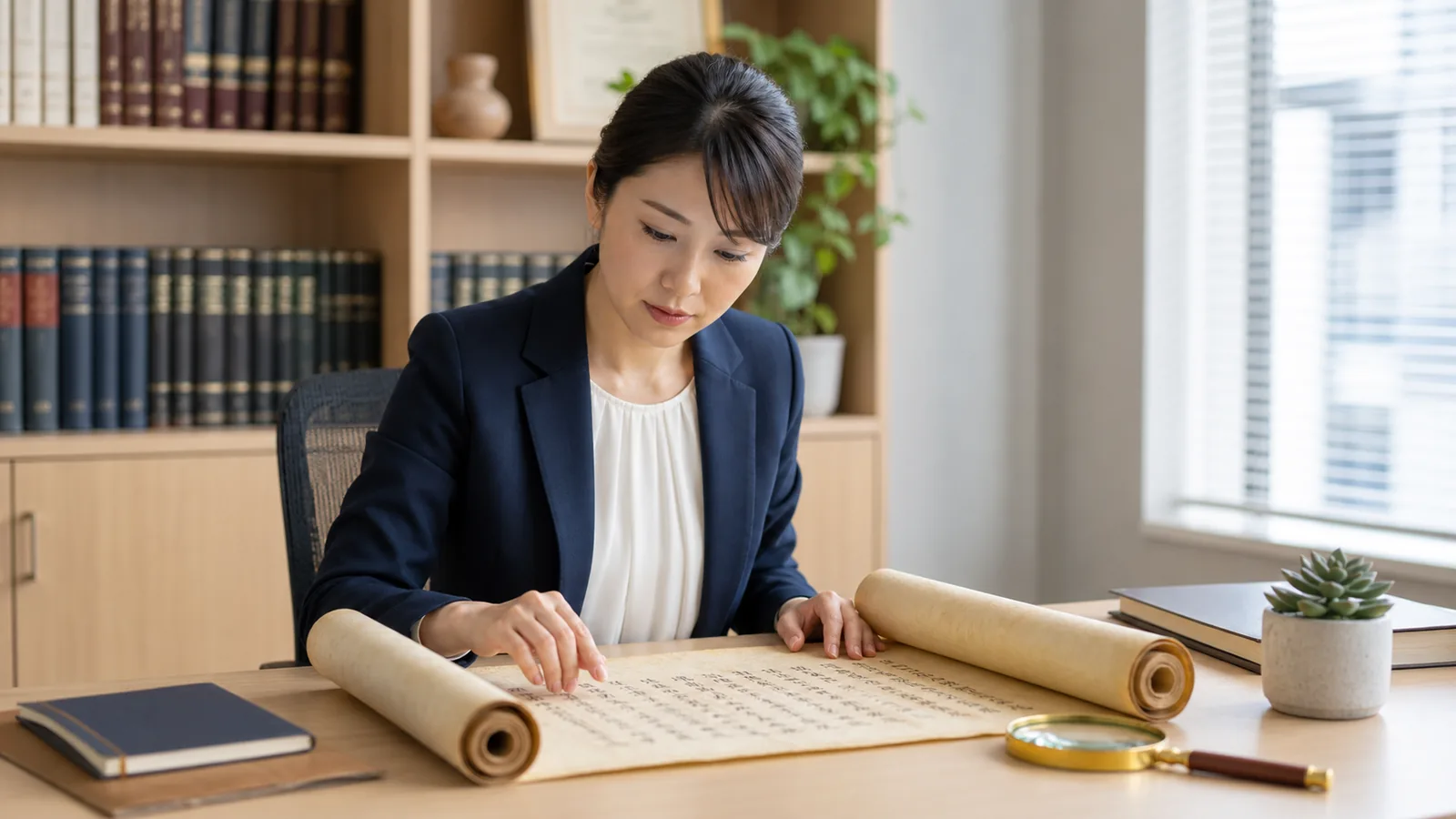 モダンなオフィスで古い巻物と真鍮ルーペを使い調査する30代女性弁護士（海洋散骨と法律・神奈川の条例解説のアイキャッチ）