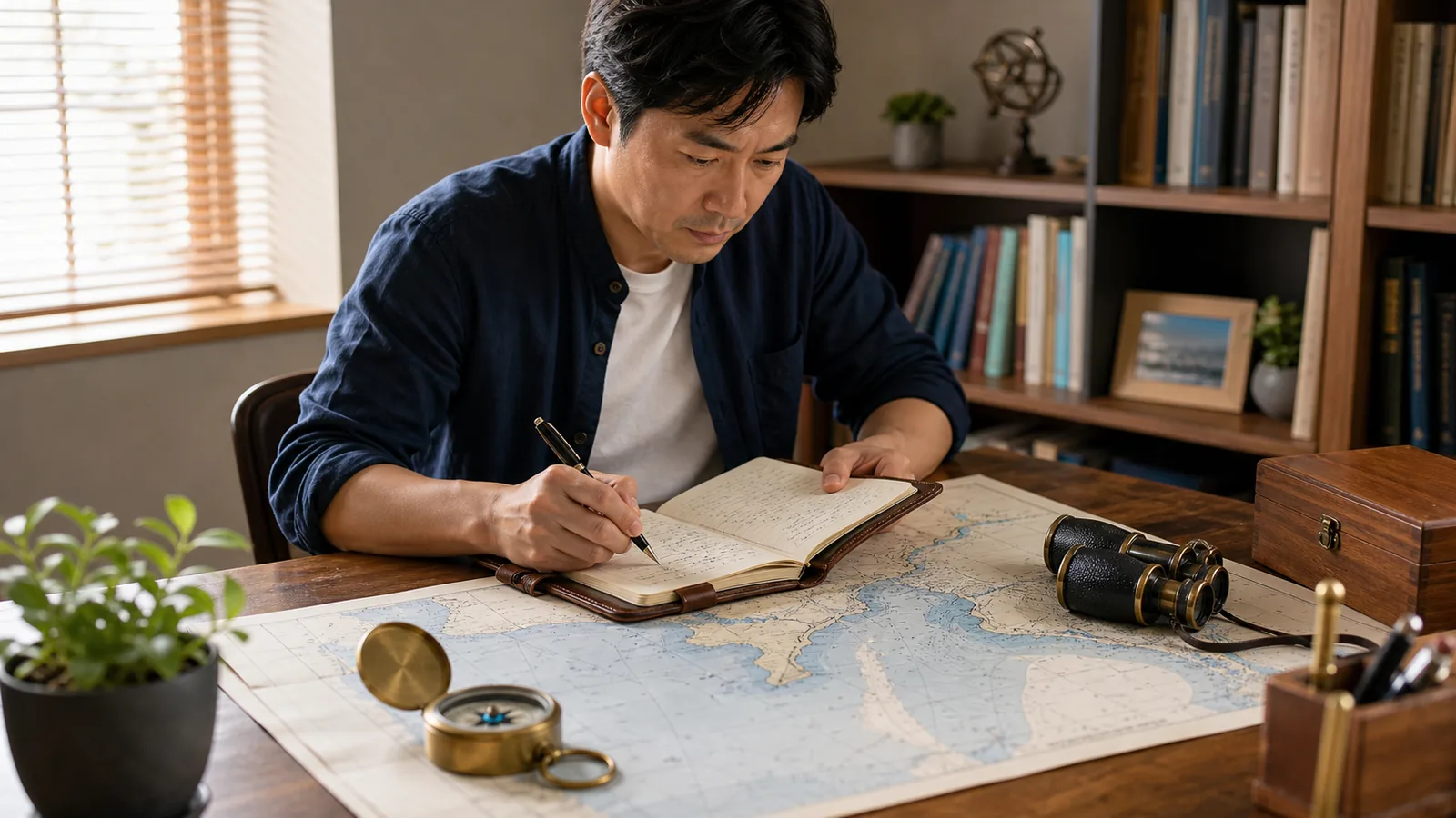 自宅書斎の机に相模湾の海図を広げ、真鍮コンパスと双眼鏡を脇に手書きノートを取る40代男性（海洋散骨を自分で行う準備のアイキャッチ）
