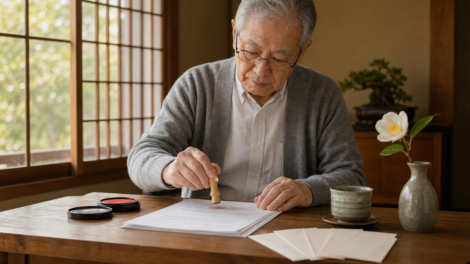和室で書類にはんこを押す60代男性、椿と盆栽を脇に（散骨の許可・許認可解説のアイキャッチ）