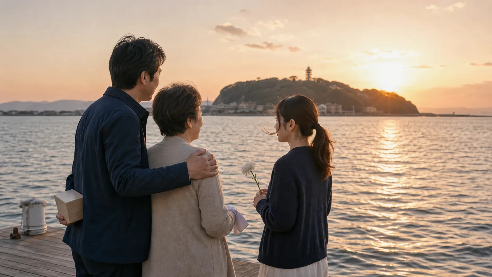 夕暮れの江ノ島を望むピアに並ぶ3世代家族（海洋散骨の流れ・5ステップのアイキャッチ）