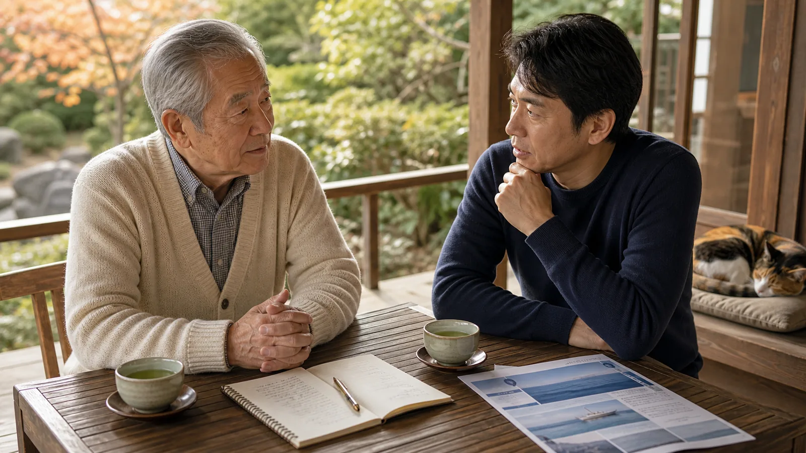 木の縁側で猫を傍らに茶と書類を囲み相談する70代父と40代息子（海洋散骨のトラブル回避と慎重な準備のアイキャッチ）