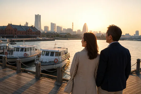 みなとみらい・横浜港のベイエリアを背景にした海洋散骨イメージ