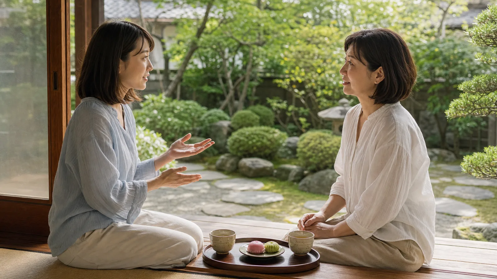 日本庭園を背景に縁側で和菓子と茶を囲み対話する姉妹（散骨は「よくない」への中立解説のアイキャッチ）